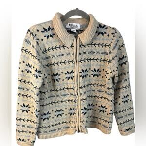 Vintage All Points Women’s Fair Isle Collared Zip Cardigan Large Ramie